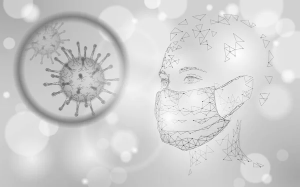 Γυναικεία μάσκα προσώπου. Πρόληψη λοιμώξεων από πνευμονία. 3d χαμηλό πολυ θηλυκό ανθρώπινο άσπρο λάβαρο. Φορέστε χειρουργική ιατρική μάσκα κατά της επιδημικής ιογενούς απεικόνισης — Διανυσματικό Αρχείο