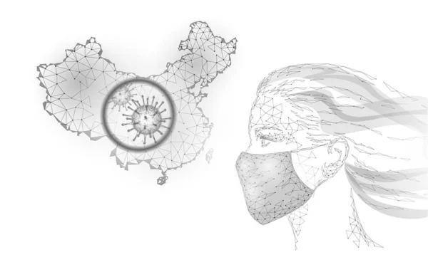 Γυναικεία μάσκα προσώπου. Πρόληψη λοιμώξεων από πνευμονία. 3d χαμηλό πολυ θηλυκό ανθρώπινο άσπρο λάβαρο. Φορέστε χειρουργική ιατρική μάσκα κατά της επιδημικής ιογενούς απεικόνισης — Διανυσματικό Αρχείο