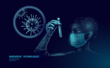 Kadın doktor bilim adamları deney tüpü tutuyor. Güvenlik maskesi virüs koruma aşısı. Pandemik koronavirüs pnömoni tedavisi geliştiriliyor. Sağlık hizmetleri bağışıklığı araştırma vektörü çizimi