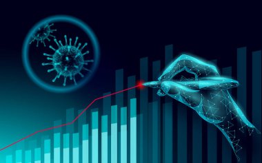 Grafik koronavirüs istatistikleri büyüyor. Enfeksiyon zatürree salgını. 3D el puanı düşük yalan makinesi. Uluslararası tasarım. Virüs salgını vektör çizimine karşı