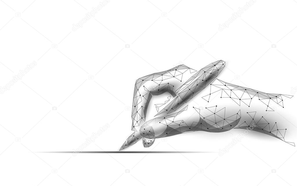 3D digital signature writing concept. Businessman whine a sign on tablet touch screen terminal. Digital pen online internet data security drawing device vector illustration