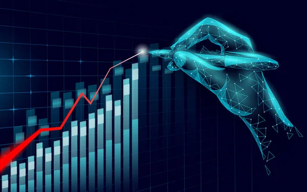 3D концепція позитивної тенденції цифрової економіки. Фінансова бізнес-ідея збільшує прибуток маркетингу. Рука контролю інвестицій малюнок ручки графічні Векторні ілюстрації — стоковий вектор