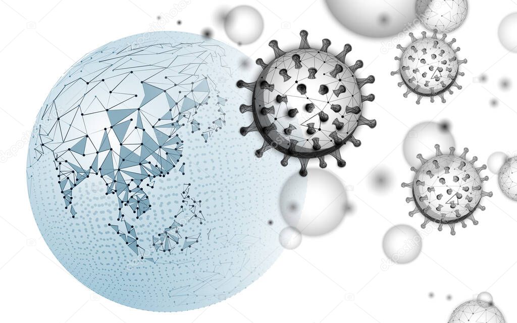 Virus cell around planet Earth. Infection pneumonia prevention healthcare. 3D low poly digital banner. International global outbreak coronavirus virus epidemic vector illustration