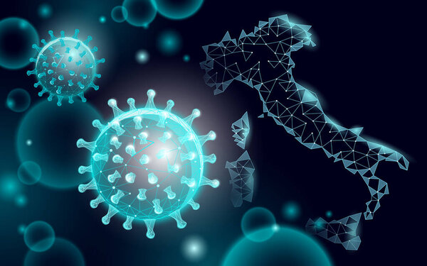 Italy geographic map. Infection pneumonia prevention. 3D low poly digital banner. International global country travel outbreak. Europe international global outbreak coronavirus virus epidemic