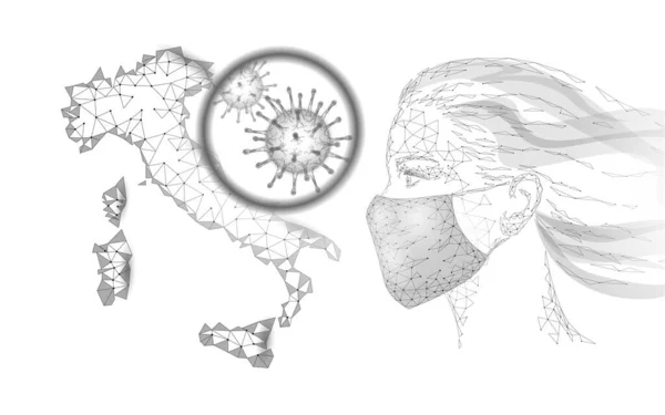 Máscara de mujer. Infección neumonía prevención salud. Banner humano femenino polivinílico bajo 3D. Use máscara médica quirúrgica Italia ilustración vector epidémico — Vector de stock