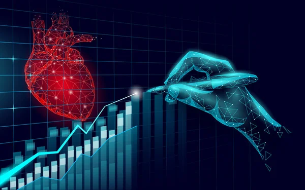 Szív tudomány 3D orvostudomány alacsony poly koncepció. Háromszög piros gyógyszertár gyógyszertár háttér. Növekvő trend gyógyszeres kezelés helyreállítási gyógyszerek vektor illusztráció — Stock Vector