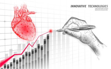 Kalp bilimi 3D tıp düşük yalan makinesi konsepti. Üçgen kırmızı eczane geçmişi. Büyüyen eğilimli uyuşturucu tedavi iyileştirme ilaçları vektör illüstrasyonu