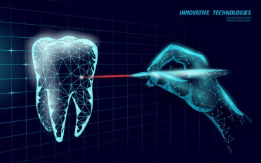 Tıbbi sağlıklı insan dişi 3D. İlaç modeli düşük polimerli. Doktor çevrimiçi lazer ameliyat konsepti. Diş hekimliği web sağlık dişçisi stomatolog modern teknoloji vektör illüstrasyonu