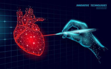 Sağlıklı insan kalbi 3D tıp modeli düşük polimerden atıyor. Lazer ameliyatı devrede. İç vücut modern anatomik şekil yenilikçi teknoloji çizim vektörü illüstrasyonu
