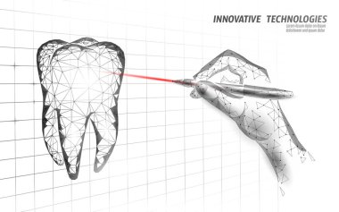Tıbbi sağlıklı insan dişi 3D. İlaç modeli düşük polimerli. Doktor çevrimiçi lazer ameliyat konsepti. Diş hekimliği web sağlık dişçisi stomatolog modern teknoloji vektör illüstrasyonu