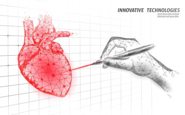 Sağlıklı insan kalbi 3D tıp modeli düşük polimerden atıyor. Lazer ameliyatı devrede. İç vücut modern anatomik şekil yenilikçi teknoloji çizim vektörü illüstrasyonu