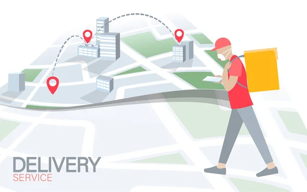 Caja de entrega a pie con mapa de puntos de teléfono inteligente. Caminar por carretera envío de alimentos pedido aplicación móvil. Paquete de cuarentena bolsa térmica mochila cena comida. concepto de entrega rápida vector ilustración — Archivo Imágenes Vectoriales