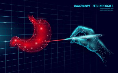 İnsan midesi lazer ameliyatı, düşük yalan makinesi. İlaç hastalığı tedavisi acı verici bir alan. Kırmızı üçgenler, çokgen 3D biçimlendirici. Eczane işi poster şablonu vektör çizimi
