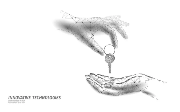 Le vendeur donne les clés de la porte de la maison acheteur. Contrat de financement vente appartement immobilier accès à la maison. Vendre son propre logement personnel vie de la famille client entreprise concept illustration vectorielle — Image vectorielle
