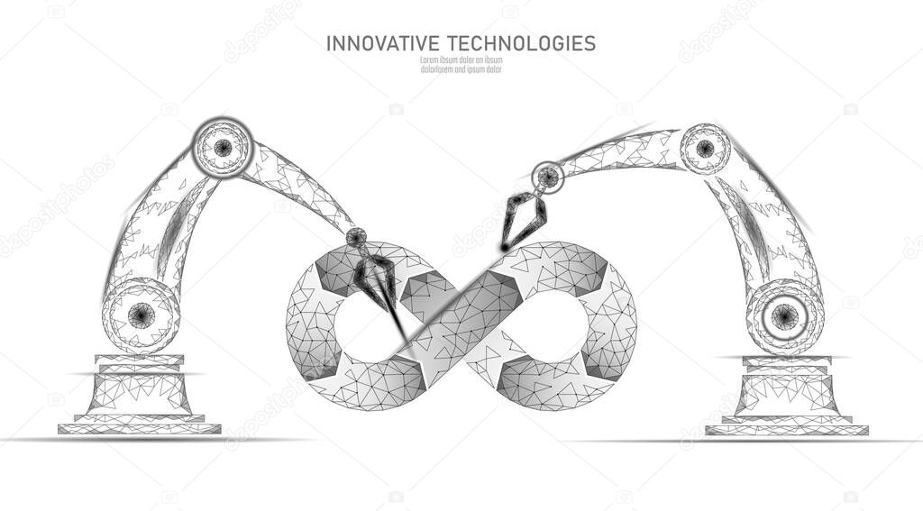 Devops software development operations infinity symbol. Programmer administration system life cycle quality. Coding building testing release monitoring. Robotic arms vector illustration