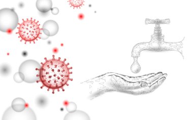 Coronavirus 'un el yıkamasını durdurun. 3D düşük polimerli. Enfeksiyon enfeksiyonunu önleme virüsü grip zatürresi. Su temizleme teknolojisi tıp vektörü illüstrasyonu