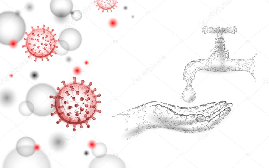 Stop coronavirus wash hands 3D low poly render. Prevention infection virus influenza flu pneumonia. Water cleaning technology medicine vector illustration