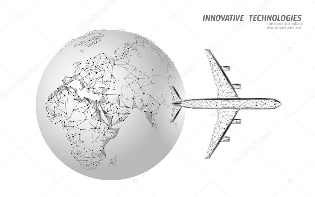 Airplane flying from around planet Earth. Flight up tourism journey symbol. Airline flight reservation concept speed travel. Mobile app online store, technology banner template 3D vector illustration