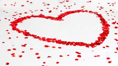 Kalp şeklinde yaprakları beyaz arka plan üzerinde arasında romantik kırmızı gül çiçekler. Düğün, Sevgililer günü, aşk, anneler günü vb kavramları.