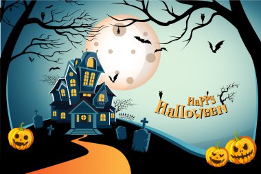 Evi Cadılar Bayramı arka plan ağaç, yarasa, mezar, mezar taşı, örümcek, web ve mezar, mezarlık, örümcek ağı ile perili. Mutlu halloween Tema. Mutlu Cadılar Bayramı tebrik kartı. Vektör çizim eps10