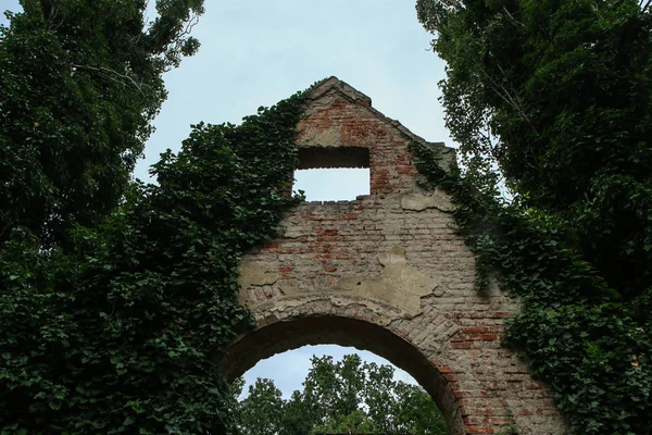 Szczegóły Ponurej Ruiny Kościoła Cmentarnego Tylko Przednia Zarośnięta Ściana Jest — Zdjęcie stockowe
