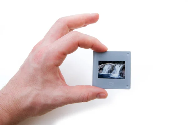 Mão Segura Slide Transparente Usado Para Shows Slides Método Velho — Fotografia de Stock