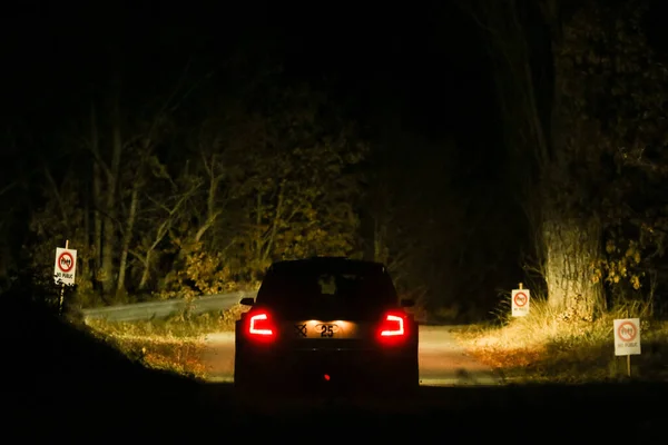 Rallye Monte Carlo (Rallye Monte Carlo) etkinliği sırasında rallye arabası asfalt yollarda karanlıkta hızla ilerliyor. Işık rampasını kullanarak..