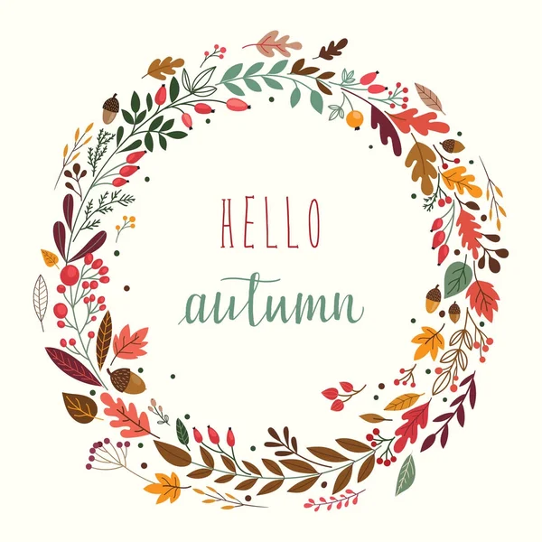Grinalda de outono com folhas, plantas e ramos decorativos — Vetor de Stock