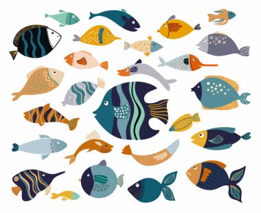 Beyaz ve vektör tasarımı üzerine izole edilmiş farklı dekoratif öğelere sahip balık koleksiyonu