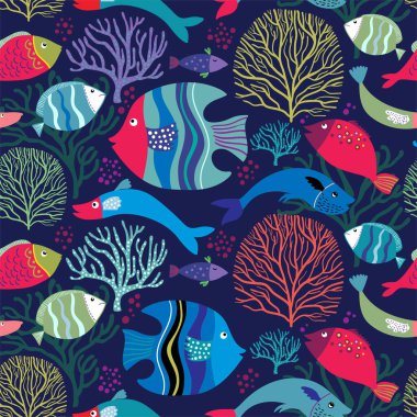 El çizimi renkli balıklar ve koyu arkaplanda su elementleri olan soyut ve pürüzsüz bir motif.