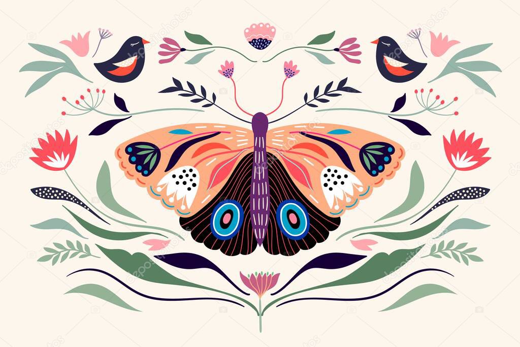 Decorative poster/banner/composition with floral elements, butterfly,different flowers and plants