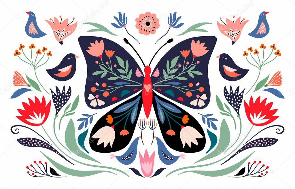 Spring time composition with floral butterfly and seasonal elements, flowers and birds; decorative poster/ banner