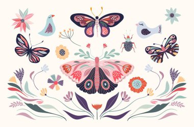 Mevsimlik elementler, çiçekler, kelebekler ve kuşlarla bahar / yaz koleksiyonu
