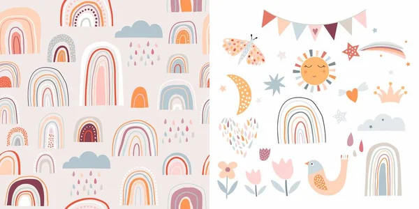 Kinderachtige Set Met Regenbogen Naadloos Patroon Leuke Elementen Decoratief Design — Stockvector