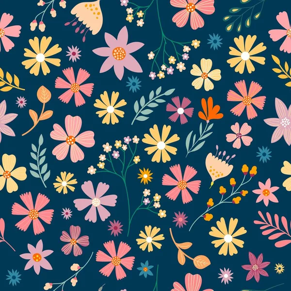 異なる花や植物とシームレスなパターン — ストックベクタ