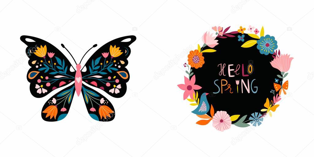 Hello spring cards/invitation set  with butterfly and floral wreaths
