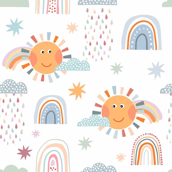 Nahtloses Muster Für Kinder Mit Sonne Und Regenbogen Vektordesign — Stockvektor