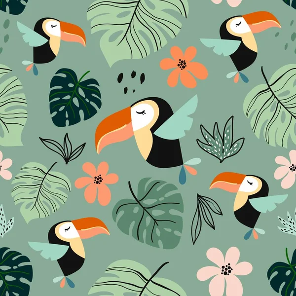 Motif Tropical Sans Couture Avec Design Exotique Toucan Coloré Feuille — Image vectorielle