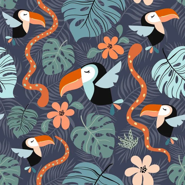 Motif Tropical Sans Couture Avec Design Exotique Toucan Coloré Feuille — Image vectorielle