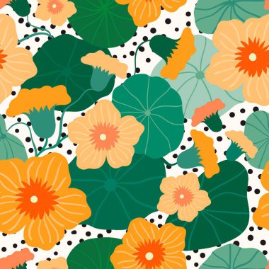 Dekoratif turuncu çiçekli (nasturtium) ve yapraklı çiçek desensiz desen
