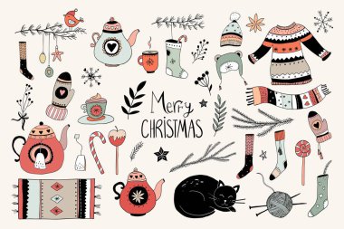  El çizimi Noel elementleri koleksiyonu, kış tasarımı