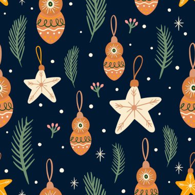 Mevsimsel elementlerle, çam dallarıyla, Noel süslemeleriyle kusursuz Noel deseni