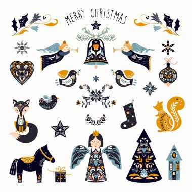 İskandinav tarzı Noel elementleri koleksiyonu, beyaz üzerine izole edilmiş.