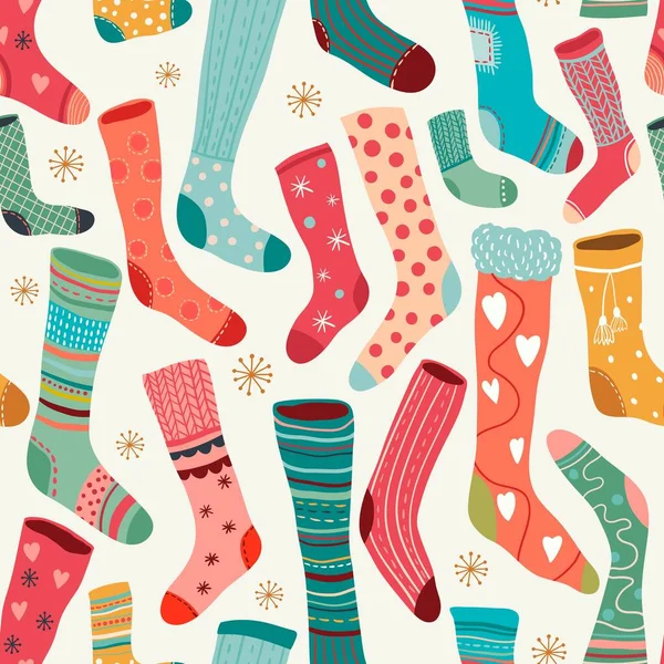 Безшовний Візерунок Зимового Часу Різнокольоровими Шкарпетками — стоковий вектор