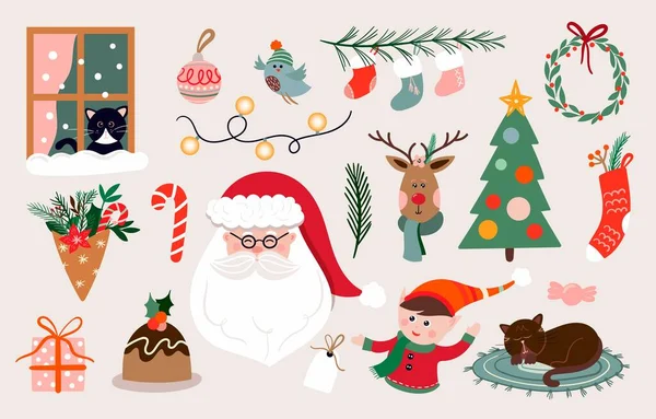 Éléments Noël Collection Avec Des Personnages Mignons Dessinés Main Articles — Image vectorielle