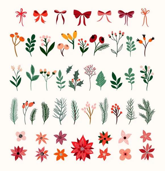 季節の植物 花や弓とクリスマスの花のコレクション あなたはそれらを組み合わせて 独自のデザインの花のアレンジメント 花束やガーランドを作成することができます — ストックベクタ