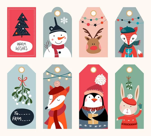 Kerst Tags Collectie Met Seizoensgebonden Winter Ontwerp — Stockvector