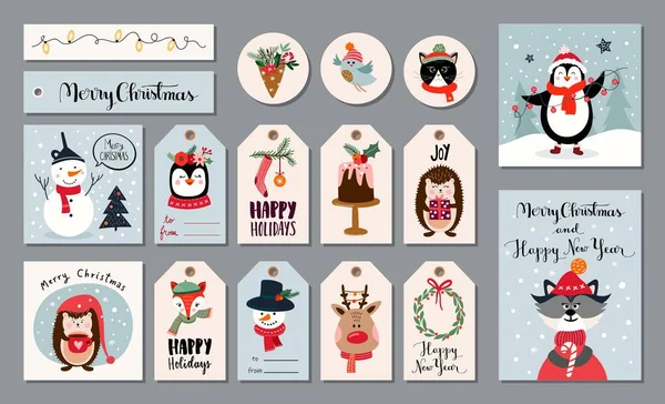 Kerst Grote Collectie Met Seizoensgebonden Tags Wenskaarten Stickers Etiketten Posters — Stockvector