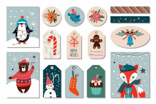 Collection Noël Avec Étiquettes Saisonnières Étiquettes Affiches Autocollants Cartes Vœux — Image vectorielle