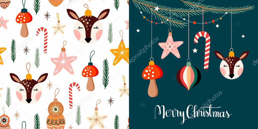 Christmas set with cute seasonal seamless pattern and greeting card/invitation with hand lettering